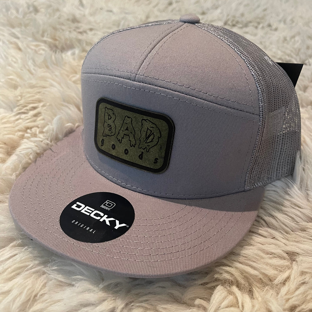 #904 - Grey Trucker Hat with Green Leather Patch