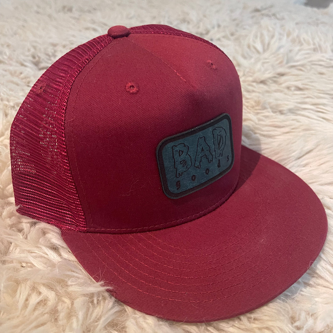 #908 - Red Trucker Hat with Teal Leather Patch